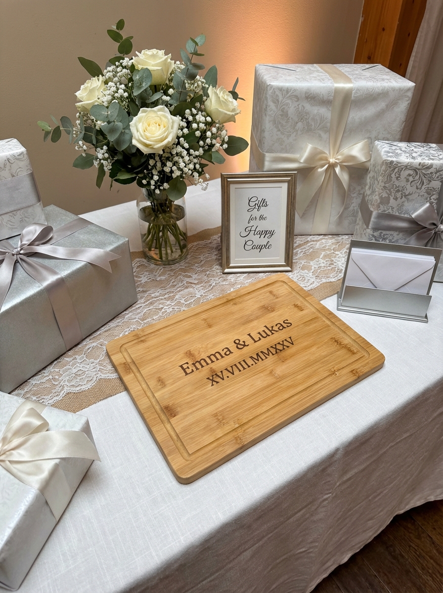 Personalisiertes Schneidebrett auf dem Gabentisch