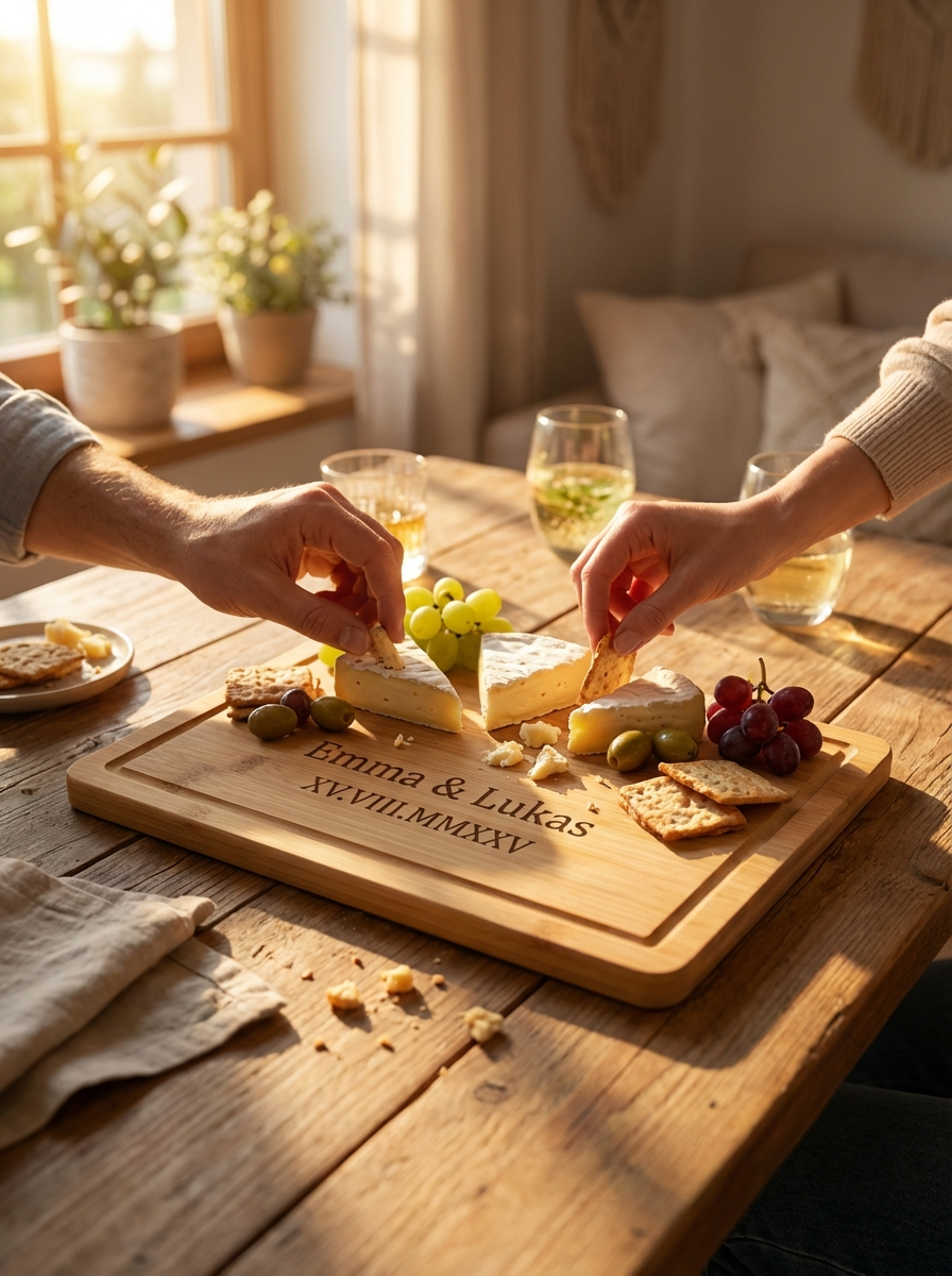 Paar nutzt das personalisierte Schneidebrett